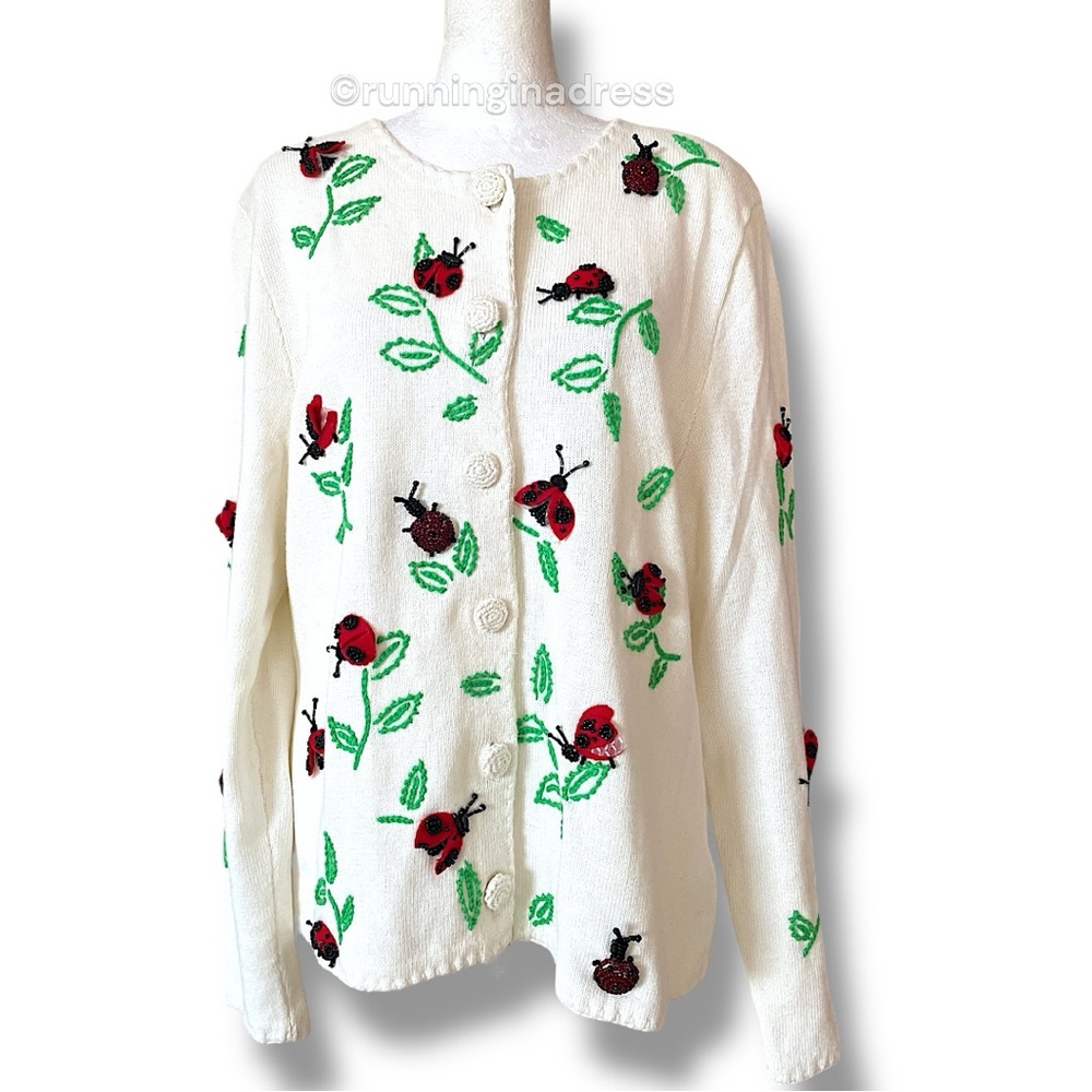 Vintage Michael Simon Ladybug Cardigan In Cream & Red Size Large